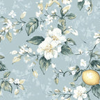 soft blue, pale yellow, white flowers, lemon fruit, botanical pattern, delicate branches, green leaves, floral design, pastel colors, vintage style, shabby chic,, fabric panel, spring blossoms, romantic florals, watercolor effect, cottage style, feminine design, nature motifs