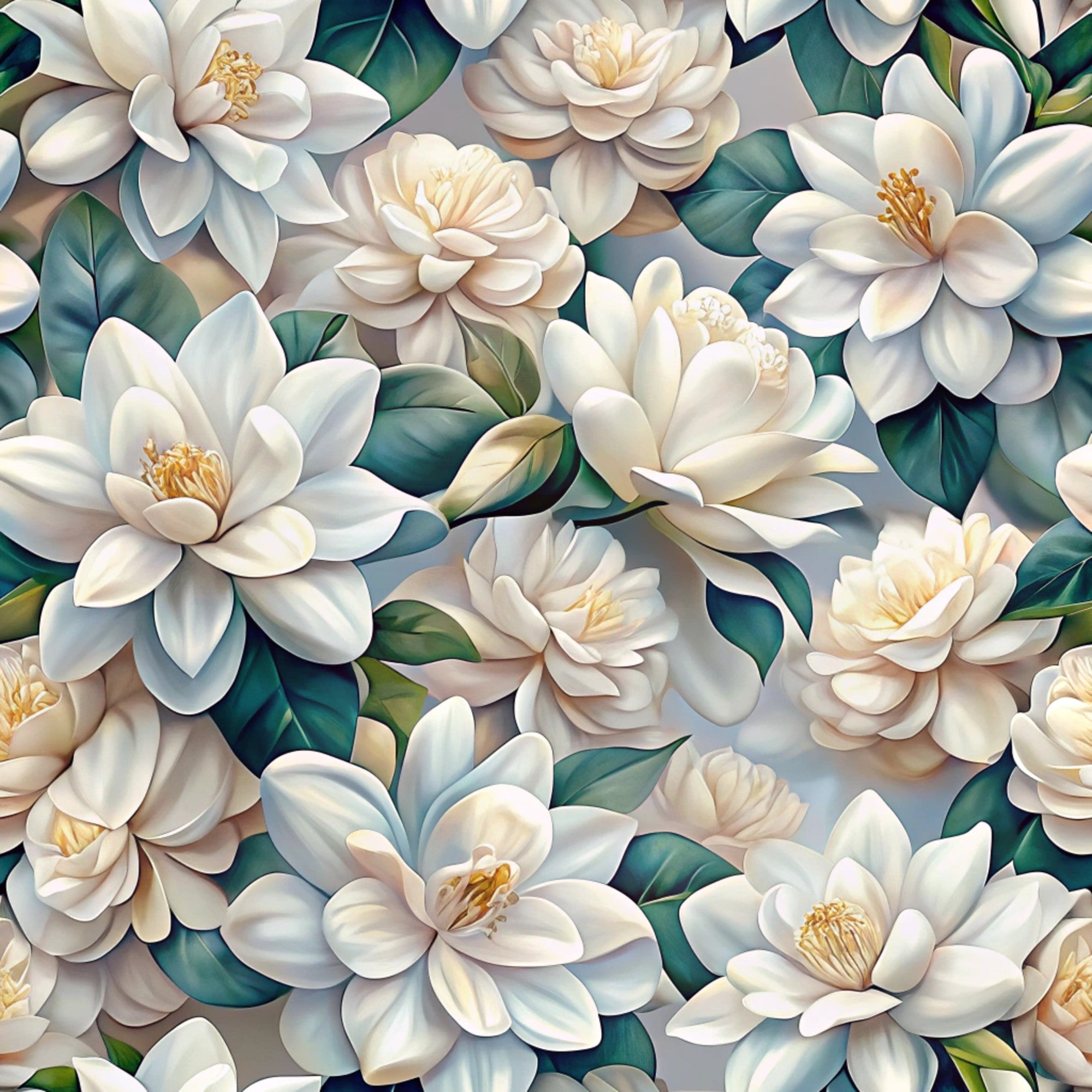 white flowers, cream petals, ivory blooms, teal leaves, emerald foliage, golden stamens, magnolia blossoms, realistic florals, botanical pattern, layered petals, lush greenery, nature motif,, fabric panel, seamless design, garden flowers, elegant blooms, soft pastels, floral arrangement, artistic rendering