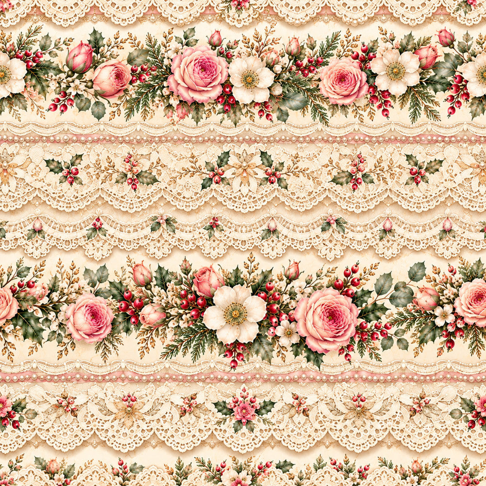 cream, blush pink, dusty rose, coral pink, sage green, forest green, gold, floral, roses, lace, vintage, elegant, romantic, shabby chic, botanical, nature, spring, summer, traditional, delicate, ornamental, cottagecore, festive, holiday, decorative, feminine, heirloom, botanical garden, lace trim, scalloped edges