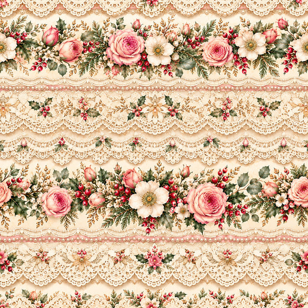 cream, blush pink, dusty rose, coral pink, sage green, forest green, gold, floral, roses, lace, vintage, elegant, romantic, shabby chic, botanical, nature, spring, summer, traditional, delicate, ornamental, cottagecore, festive, holiday, decorative, feminine, heirloom, botanical garden, lace trim, scalloped edges