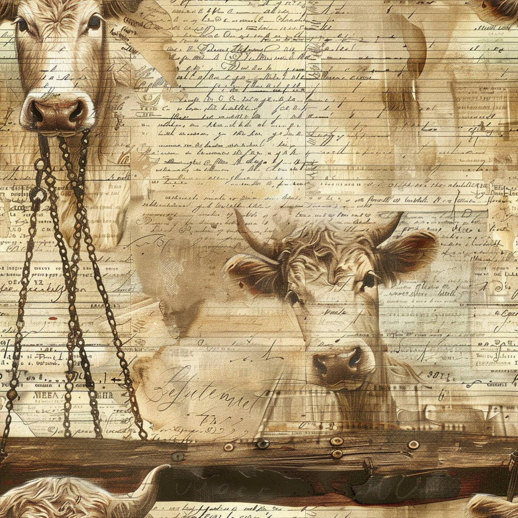 beige, sepia, brown, cream, tan, cows, cattle, farm animals, vintage style, aged paper, handwritten text, chains, rustic, pastoral, livestock, agricultural,, fabric panel, antique aesthetic, farmhouse, countryside, bovine
