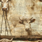beige, sepia, brown, cream, tan, cows, cattle, farm animals, vintage style, aged paper, handwritten text, chains, rustic, pastoral, livestock, agricultural,, fabric panel, antique aesthetic, farmhouse, countryside, bovine