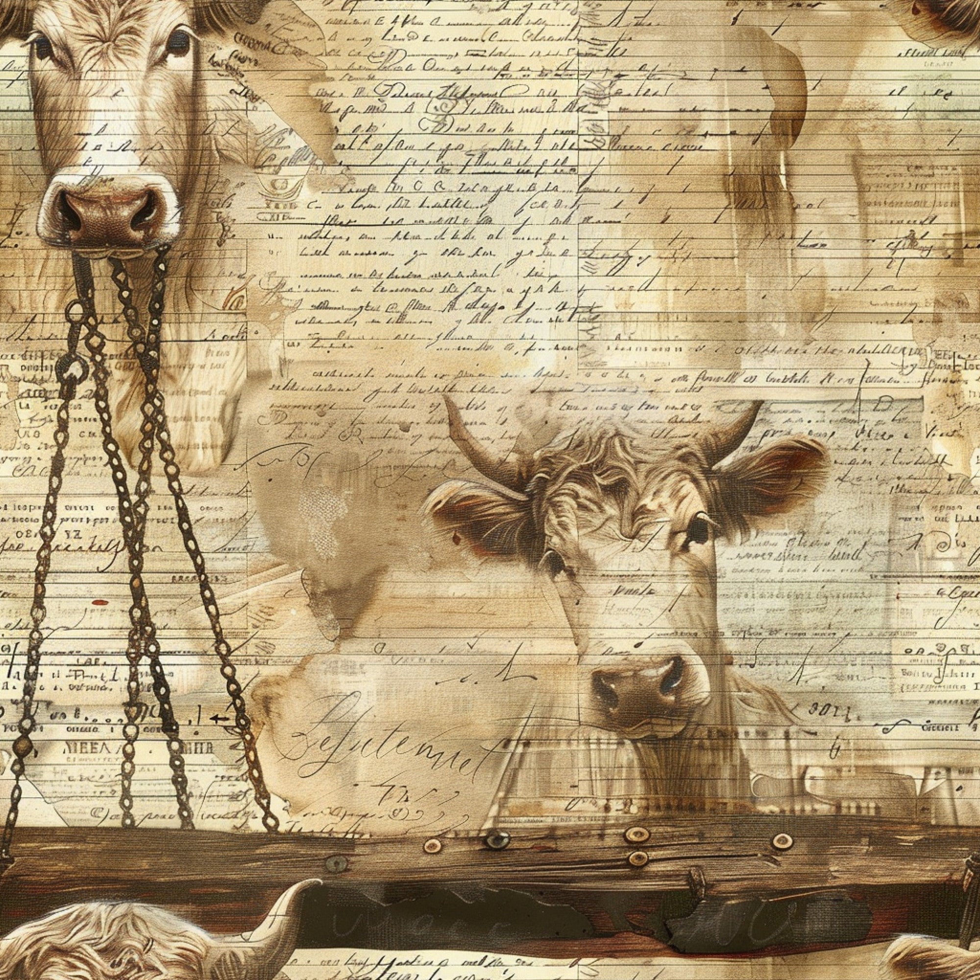 beige, sepia, brown, cream, tan, cows, cattle, farm animals, vintage style, aged paper, handwritten text, chains, rustic, pastoral, livestock, agricultural,, fabric panel, antique aesthetic, farmhouse, countryside, bovine