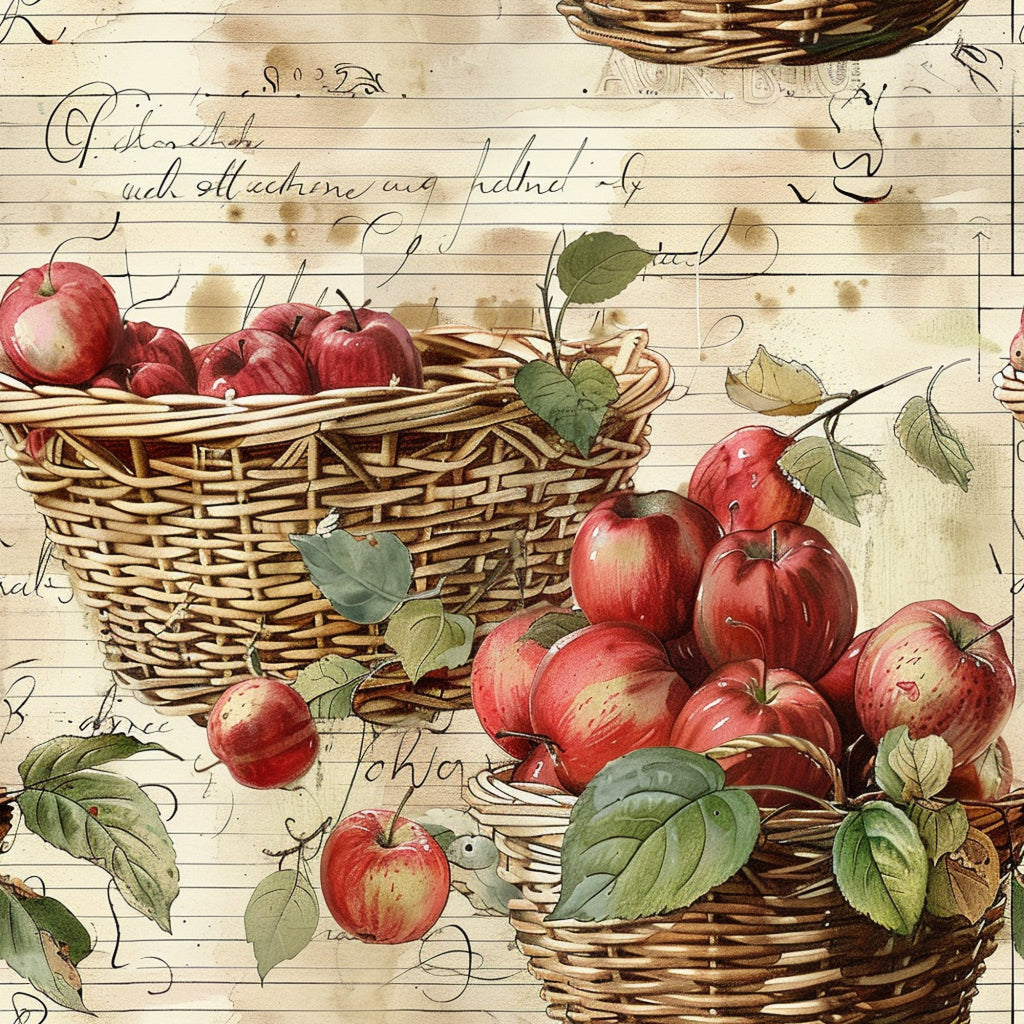 red apples, wicker baskets, vintage notebook paper, cursive handwriting, farm fresh produce, botanical leaves, green foliage, cream background, rustic charm, harvest theme,, fabric panel, watercolor style, autumn colors, country kitchen, nostalgic artwork, aged paper texture, seasonal fruit, farmhouse style, cottage core