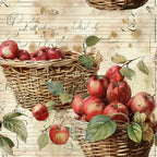 red apples, wicker baskets, vintage notebook paper, cursive handwriting, farm fresh produce, botanical leaves, green foliage, cream background, rustic charm, harvest theme,, fabric panel, watercolor style, autumn colors, country kitchen, nostalgic artwork, aged paper texture, seasonal fruit, farmhouse style, cottage core