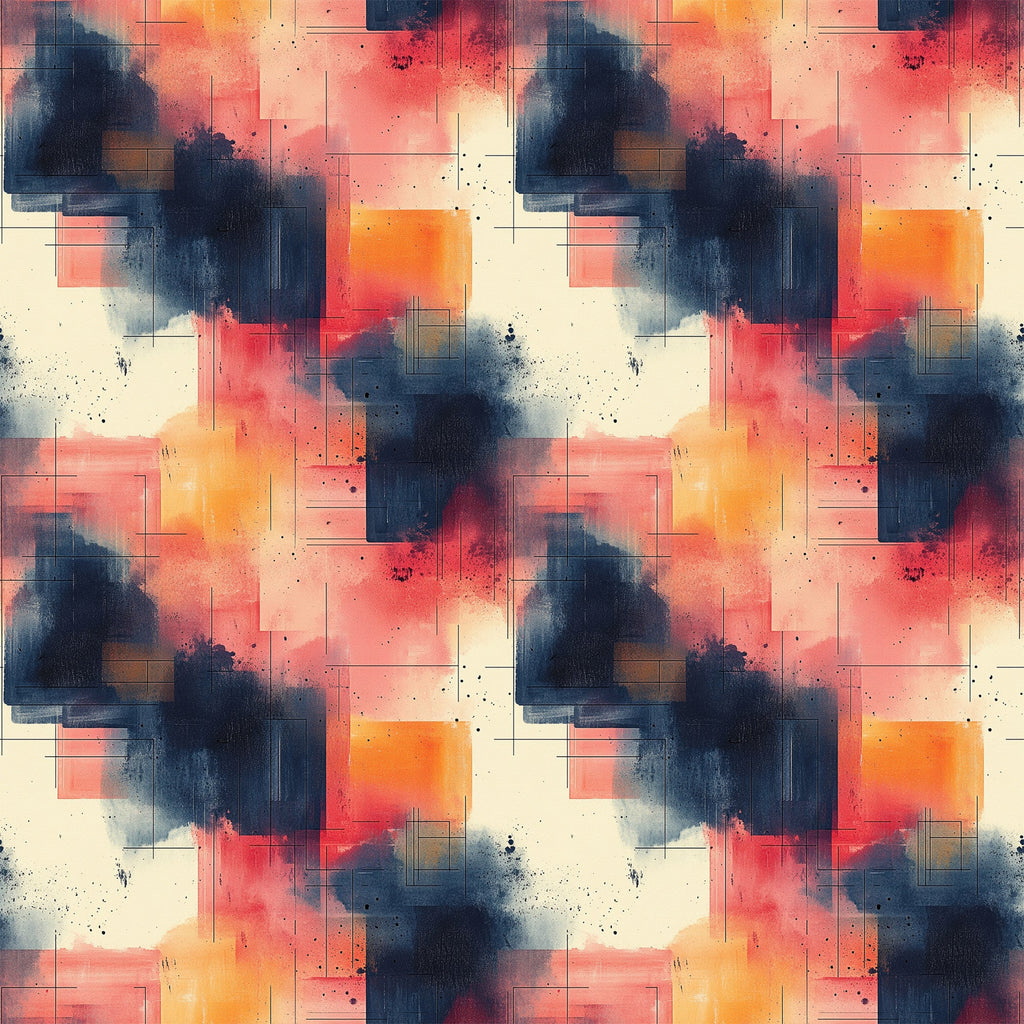 coral, navy blue, orange, cream, beige, geometric shapes, abstract watercolor, paint splatters, rectangular forms, mid century modern, contemporary art,, fabric panel, artistic brushstrokes, color blocking, modern geometric, abstract expressionism, layered composition, warm tones, cool tones