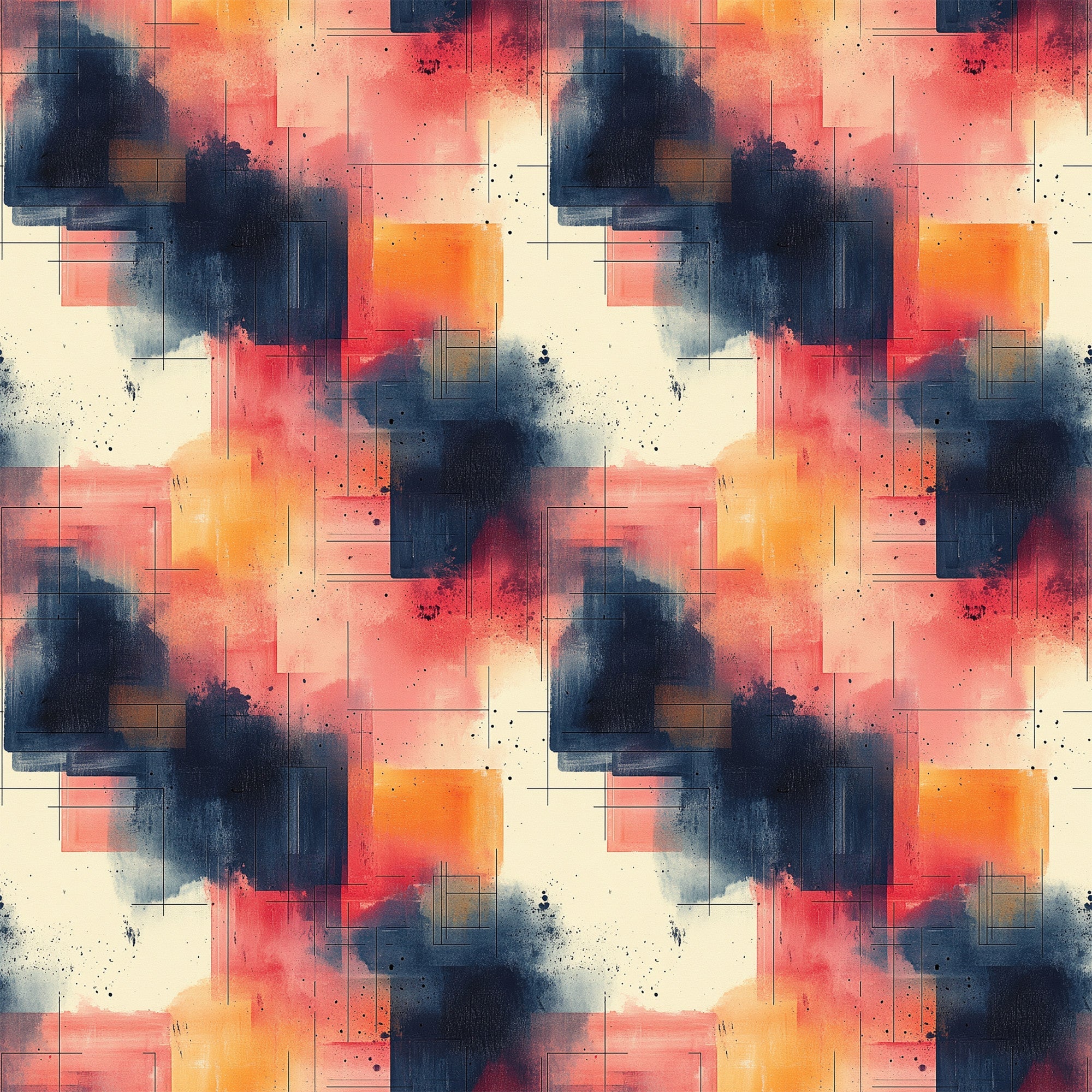 coral, navy blue, orange, cream, beige, geometric shapes, abstract watercolor, paint splatters, rectangular forms, mid century modern, contemporary art,, fabric panel, artistic brushstrokes, color blocking, modern geometric, abstract expressionism, layered composition, warm tones, cool tones