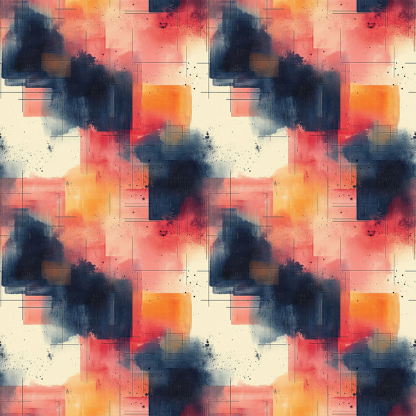 coral, navy blue, orange, cream, beige, geometric shapes, abstract watercolor, paint splatters, rectangular forms, mid century modern, contemporary art,, fabric panel, artistic brushstrokes, color blocking, modern geometric, abstract expressionism, layered composition, warm tones, cool tones