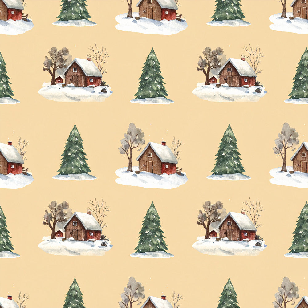 cream background, warm beige, forest green, evergreen trees, red barn, winter landscape, snowy scene, rustic farmhouse, cottage core, holiday, christmas, winter, nature, pastoral, countryside, traditional, whimsical, cozy, seasonal, bare trees, snow-covered roofs, red buildings, coniferous trees, rustic style, festive, cold weather theme, farm animals, peaceful, idyllic scenery