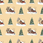 cream background, warm beige, forest green, evergreen trees, red barn, winter landscape, snowy scene, rustic farmhouse, cottage core, holiday, christmas, winter, nature, pastoral, countryside, traditional, whimsical, cozy, seasonal, bare trees, snow-covered roofs, red buildings, coniferous trees, rustic style, festive, cold weather theme, farm animals, peaceful, idyllic scenery