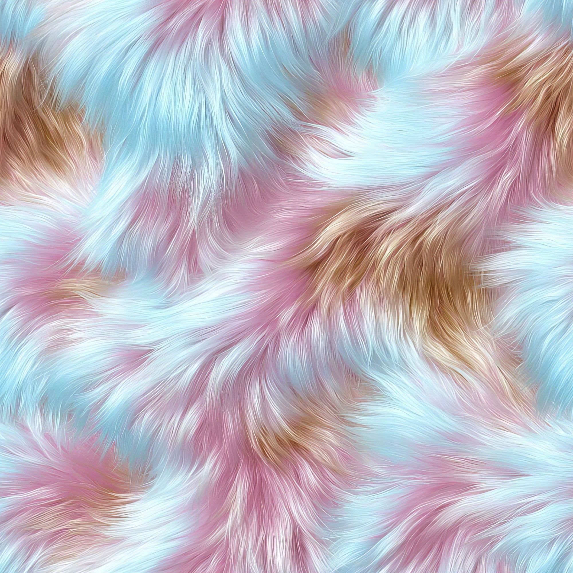 fluffy fur, pastel colors, light blue, soft pink, cream, brown, swirled pattern, flowing texture, luxurious fur,, fabric panel, dreamy aesthetic, soft pastels, fur texture, rainbow pastels, whimsical design, cotton fabric, crafting material, gentle swirls, plush appearance