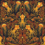 deep navy blue, gold, orange, coral orange, yellow gold, jewel tones, ocean creatures, jellyfish, squid, octopus, fish, nautical, marine life, sea life, underwater, art nouveau, ornate, decorative, symmetrical, psychedelic, bohemian, whimsical, fantasy, mystical, celestial, intricate patterns, swirls, flourishes, vintage inspired, artistic