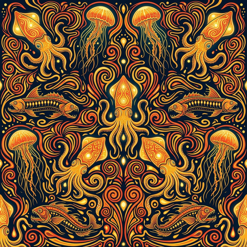 deep navy blue, gold, orange, coral orange, yellow gold, jewel tones, ocean creatures, jellyfish, squid, octopus, fish, nautical, marine life, sea life, underwater, art nouveau, ornate, decorative, symmetrical, psychedelic, bohemian, whimsical, fantasy, mystical, celestial, intricate patterns, swirls, flourishes, vintage inspired, artistic