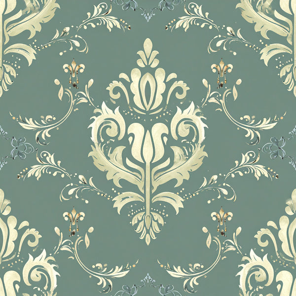 sage green, cream, damask, ornamental, baroque, scrollwork, floral, elegant, vintage, traditional, classic, decorative, flourish, botanical, symmetrical, timeless, sophisticated, ornate, medallion, acanthus leaves, curling vines, dot details, gold accents, formal, victorian, neoclassical, home decor, upholstery