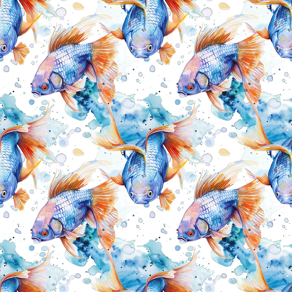 watercolor fish, blue fish, orange fins, aquatic pattern, swimming fish, water bubbles, ocean theme, seamless repeat,, fabric panel, marine life, flowing fins, blue orange palette, underwater scene, fish scales, artistic watercolor, sea creatures, nautical design, flowing movement, aquarium fish