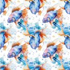 watercolor fish, blue fish, orange fins, aquatic pattern, swimming fish, water bubbles, ocean theme, seamless repeat,, fabric panel, marine life, flowing fins, blue orange palette, underwater scene, fish scales, artistic watercolor, sea creatures, nautical design, flowing movement, aquarium fish