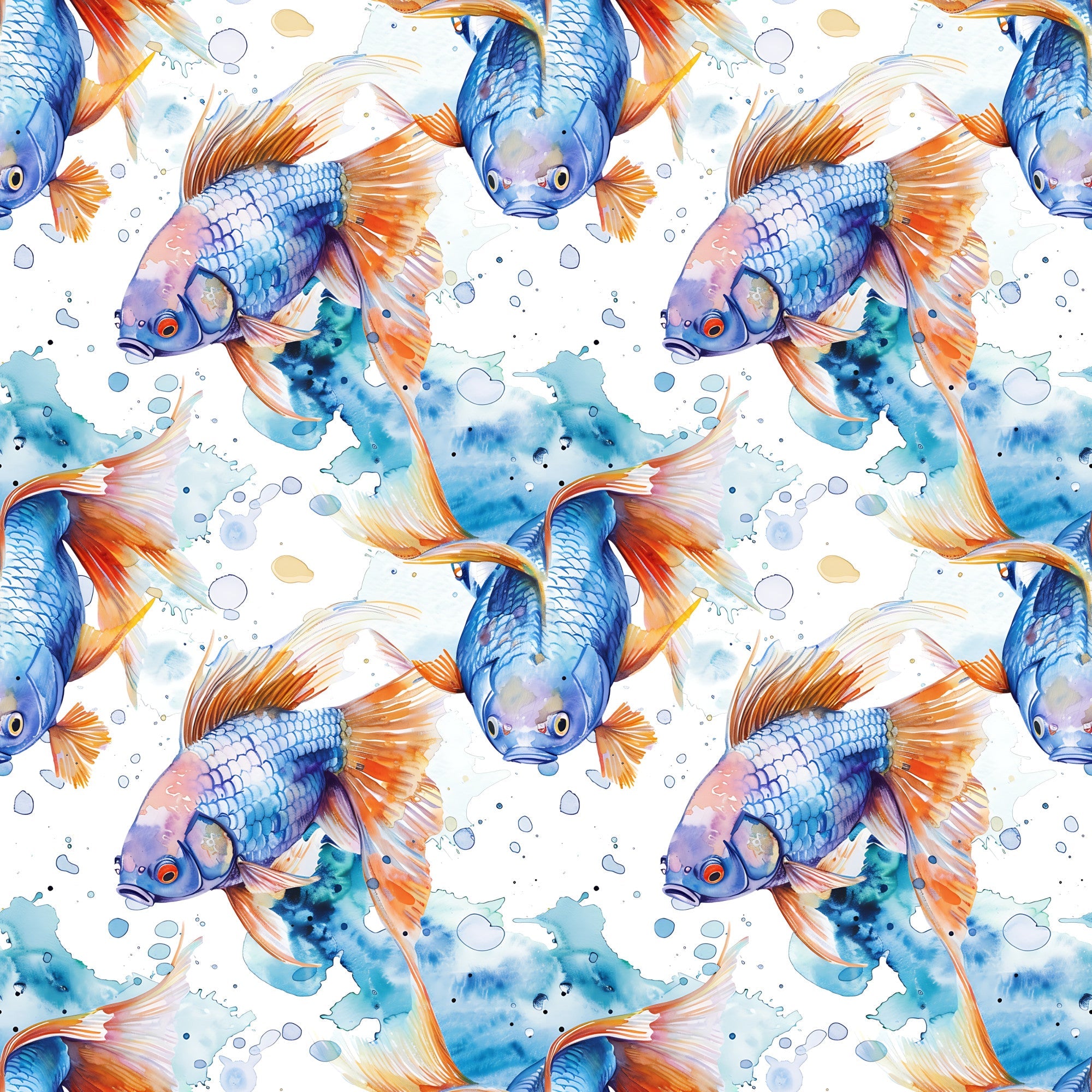 watercolor fish, blue fish, orange fins, aquatic pattern, swimming fish, water bubbles, ocean theme, seamless repeat,, fabric panel, marine life, flowing fins, blue orange palette, underwater scene, fish scales, artistic watercolor, sea creatures, nautical design, flowing movement, aquarium fish