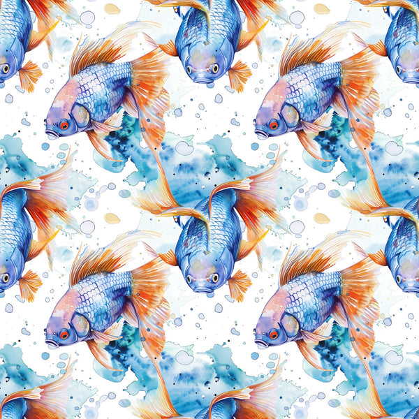 watercolor fish, blue fish, orange fins, aquatic pattern, swimming fish, water bubbles, ocean theme, seamless repeat,, fabric panel, marine life, flowing fins, blue orange palette, underwater scene, fish scales, artistic watercolor, sea creatures, nautical design, flowing movement, aquarium fish