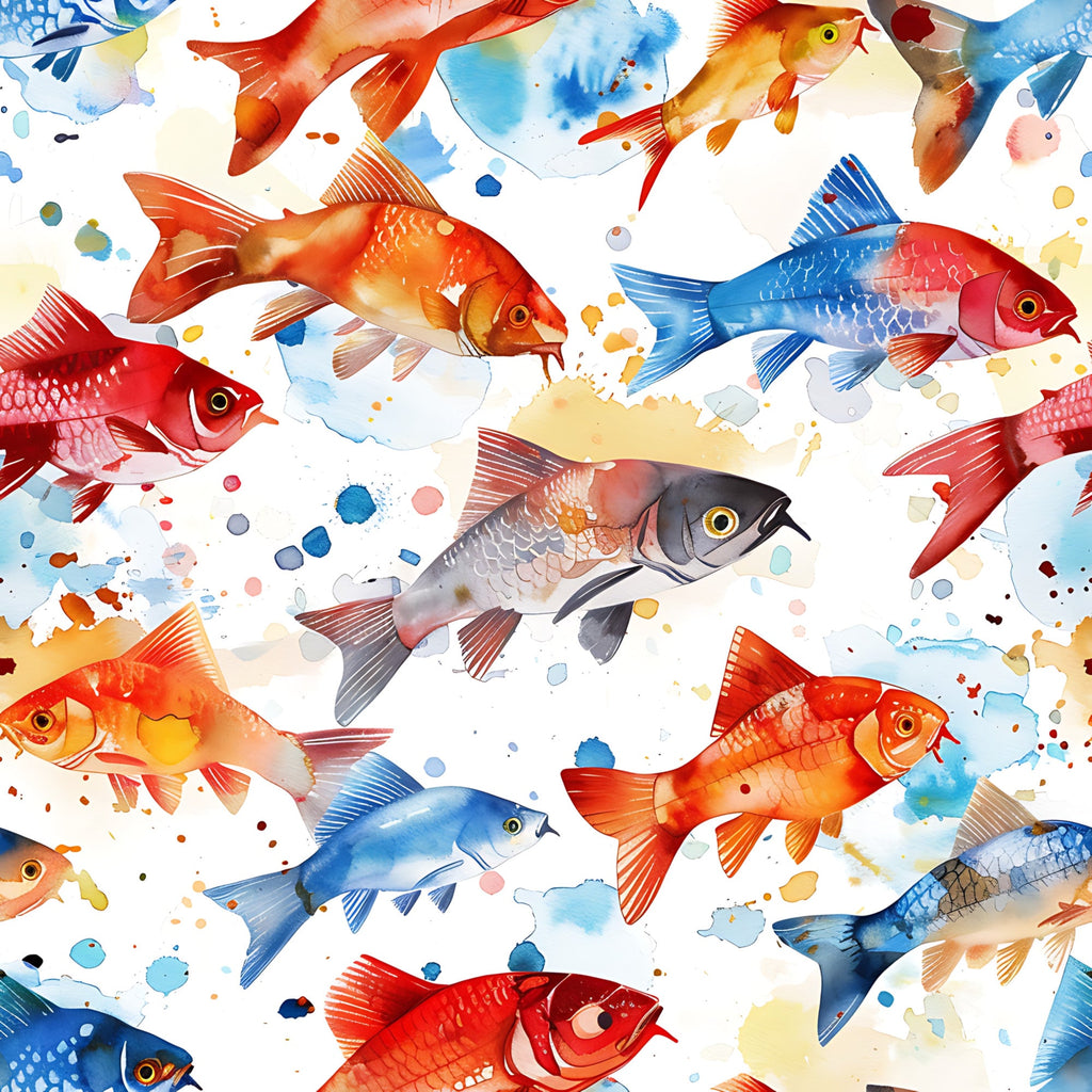 watercolor fish, aquatic animals, red fish, blue fish, orange fish, colorful scales, swimming motion, artistic splashes, paint splatters, ocean theme, marine life,, fabric panel, watercolor style, vibrant colors, flowing design, sea creatures, tropical fish, artistic brushstrokes, nautical pattern