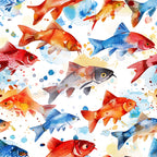 watercolor fish, aquatic animals, red fish, blue fish, orange fish, colorful scales, swimming motion, artistic splashes, paint splatters, ocean theme, marine life,, fabric panel, watercolor style, vibrant colors, flowing design, sea creatures, tropical fish, artistic brushstrokes, nautical pattern