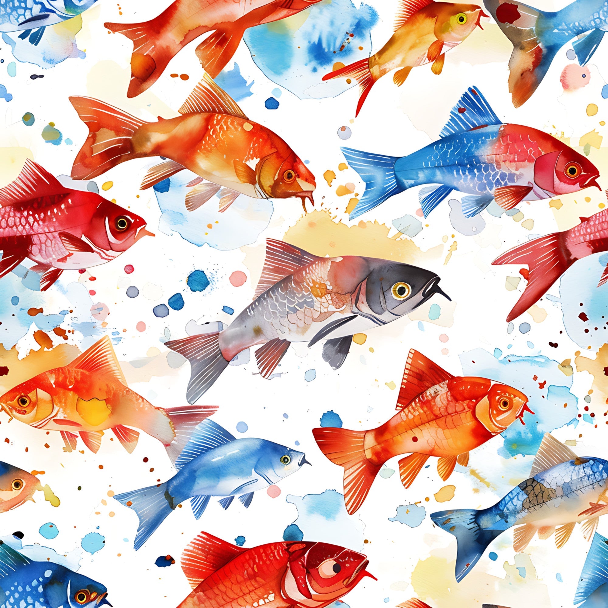 watercolor fish, aquatic animals, red fish, blue fish, orange fish, colorful scales, swimming motion, artistic splashes, paint splatters, ocean theme, marine life,, fabric panel, watercolor style, vibrant colors, flowing design, sea creatures, tropical fish, artistic brushstrokes, nautical pattern