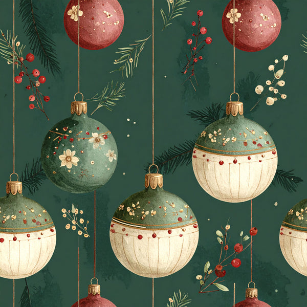 forest green, cream, dusty rose, red, gold, christmas, holiday, ornaments, baubles, evergreen, pine branches, floral, small flowers, berries, vintage, elegant, whimsical, festive, traditional, botanical, nature, winter, seasonal, decorative, timeless, classic, refined, festive decor, holiday themed, botanical elements