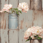 cream, blush pink, sage green, weathered wood, peonies, floral pattern, vintage bucket, rustic background, distressed finish, cottage style, botanical design,, fabric panel, shabby chic, farmhouse aesthetic, soft pastels, layered petals, country charm, textured wood grain, romantic florals
