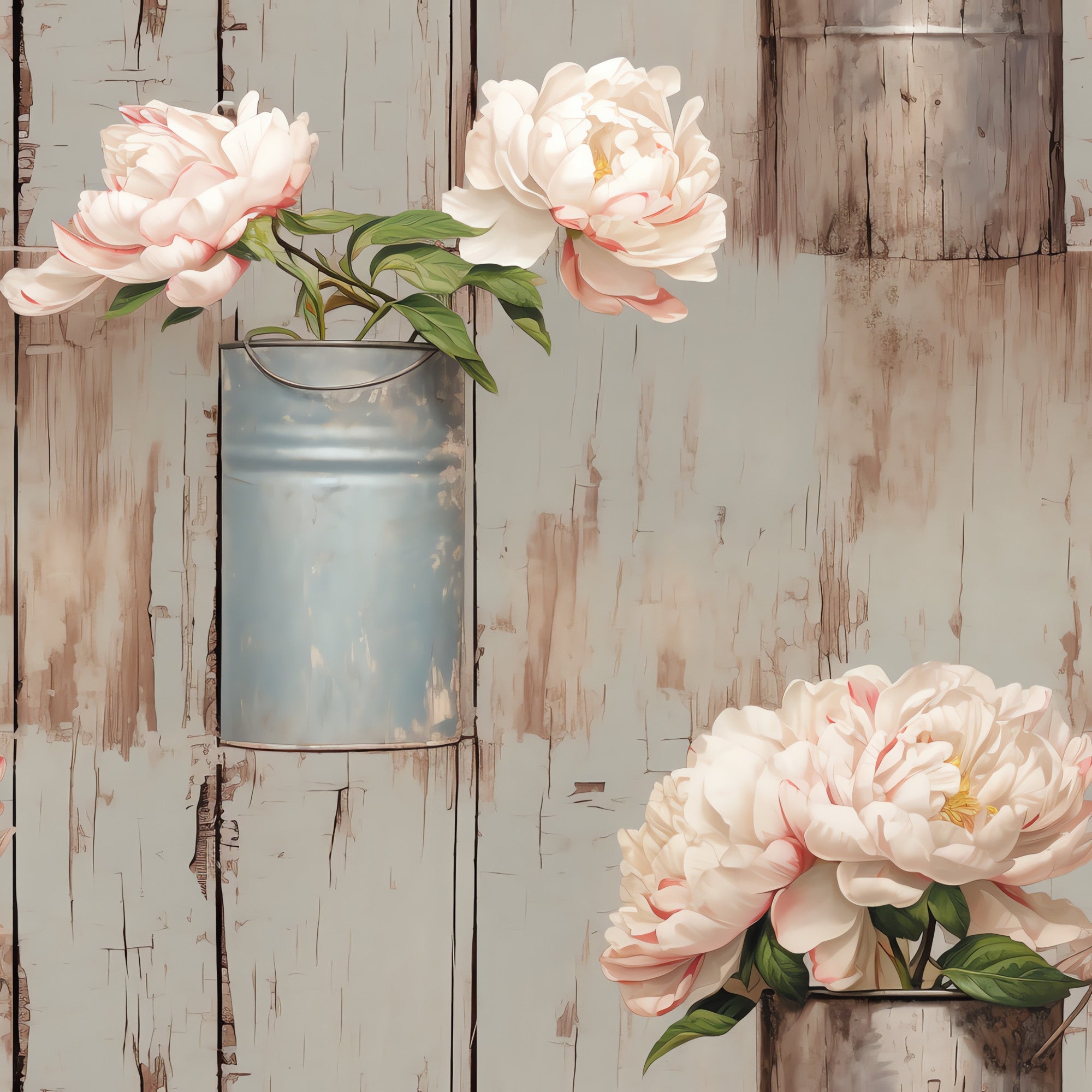 cream, blush pink, sage green, weathered wood, peonies, floral pattern, vintage bucket, rustic background, distressed finish, cottage style, botanical design,, fabric panel, shabby chic, farmhouse aesthetic, soft pastels, layered petals, country charm, textured wood grain, romantic florals