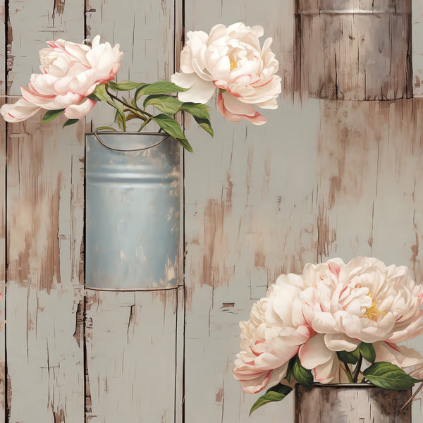 cream, blush pink, sage green, weathered wood, peonies, floral pattern, vintage bucket, rustic background, distressed finish, cottage style, botanical design,, fabric panel, shabby chic, farmhouse aesthetic, soft pastels, layered petals, country charm, textured wood grain, romantic florals