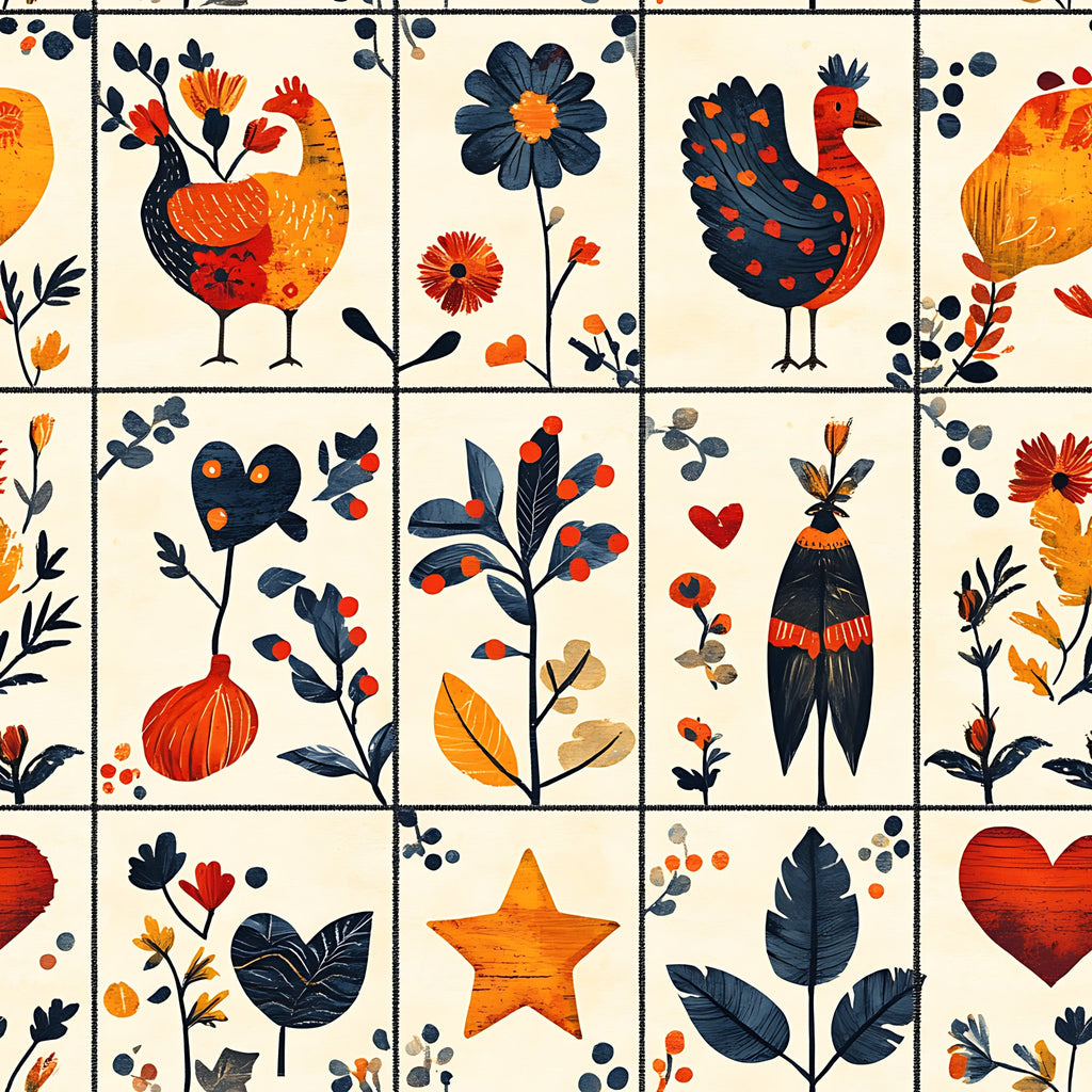orange, navy blue, red, cream background, roosters, chickens, folk art, floral motifs, geometric squares,, fabric panel, botanical elements, hearts, stars, berries, leaves, country style, patchwork blocks, autumn colors, decorative birds