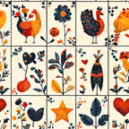 orange, navy blue, red, cream background, roosters, chickens, folk art, floral motifs, geometric squares,, fabric panel, botanical elements, hearts, stars, berries, leaves, country style, patchwork blocks, autumn colors, decorative birds