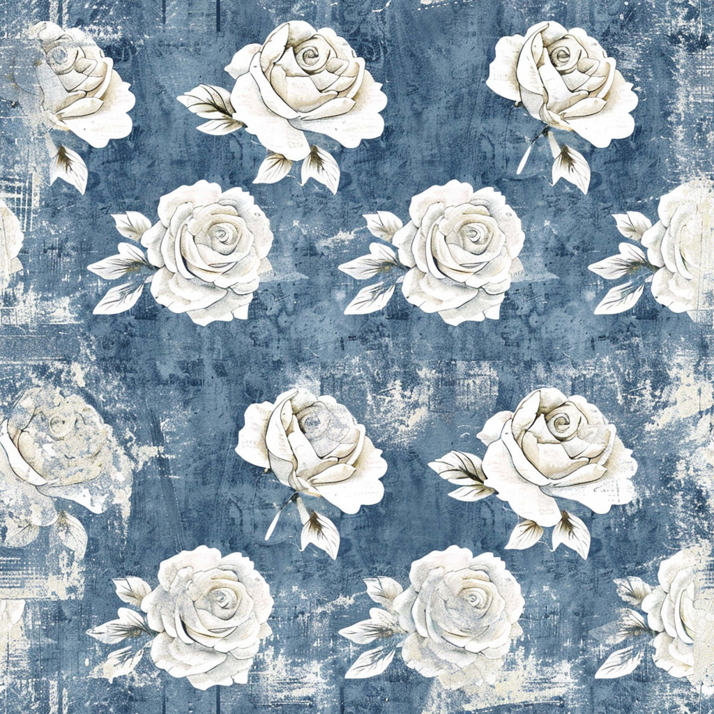 vintage roses, white roses, blue background, distressed texture, shabby chic, floral pattern, farmhouse style,, fabric panel, weathered look, romantic blooms, cottage core, muted tones, rose motifs, textured background, botanical design, soft florals, aged appearance, country style, repeating pattern