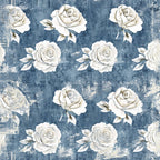 vintage roses, white roses, blue background, distressed texture, shabby chic, floral pattern, farmhouse style,, fabric panel, weathered look, romantic blooms, cottage core, muted tones, rose motifs, textured background, botanical design, soft florals, aged appearance, country style, repeating pattern
