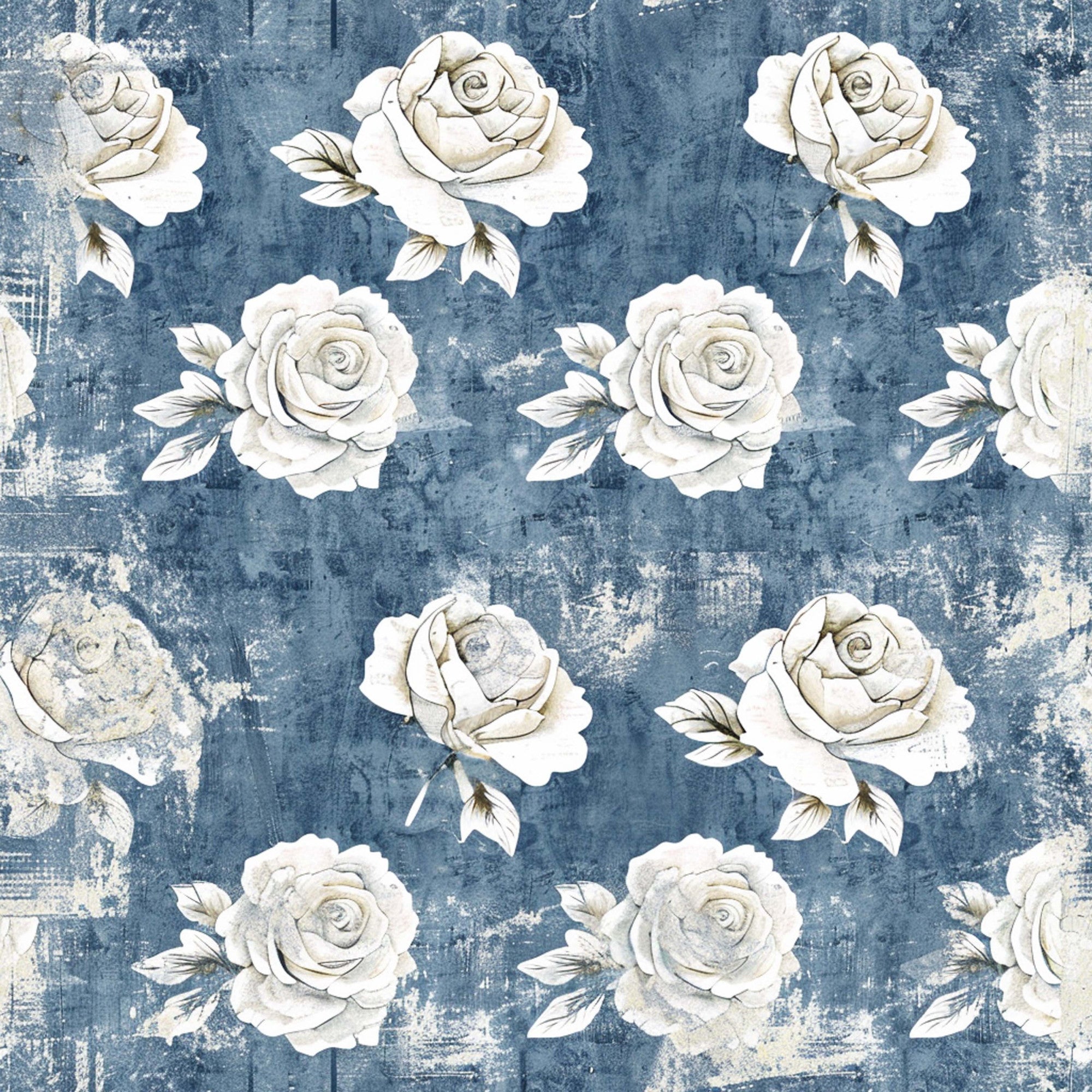 vintage roses, white roses, blue background, distressed texture, shabby chic, floral pattern, farmhouse style,, fabric panel, weathered look, romantic blooms, cottage core, muted tones, rose motifs, textured background, botanical design, soft florals, aged appearance, country style, repeating pattern