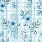 light blue, soft blue, ice blue, teal, sage green, white, checkered, gingham, floral, botanical, striped, flowers, cosmos, daisies, leaves, berries, delicate, elegant, winter, seasonal, nature-inspired, soft, gentle, soothing, baby shower, nursery, children's room, vintage, traditional, feminine