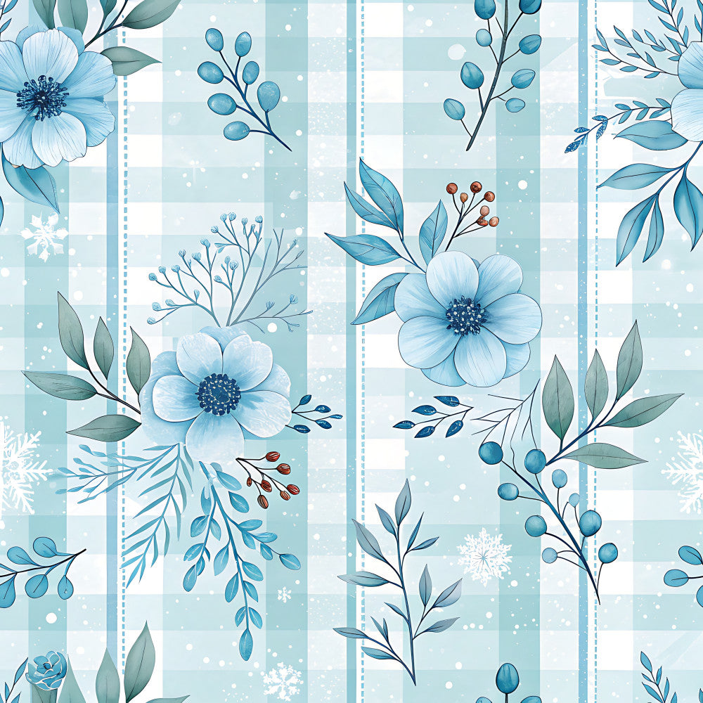 light blue, soft blue, ice blue, teal, sage green, white, checkered, gingham, floral, botanical, striped, flowers, cosmos, daisies, leaves, berries, delicate, elegant, winter, seasonal, nature-inspired, soft, gentle, soothing, baby shower, nursery, children's room, vintage, traditional, feminine