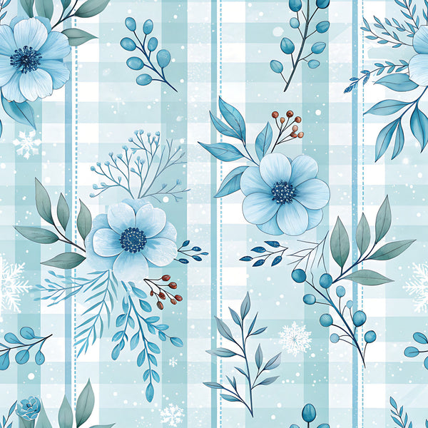light blue, soft blue, ice blue, teal, sage green, white, checkered, gingham, floral, botanical, striped, flowers, cosmos, daisies, leaves, berries, delicate, elegant, winter, seasonal, nature-inspired, soft, gentle, soothing, baby shower, nursery, children's room, vintage, traditional, feminine