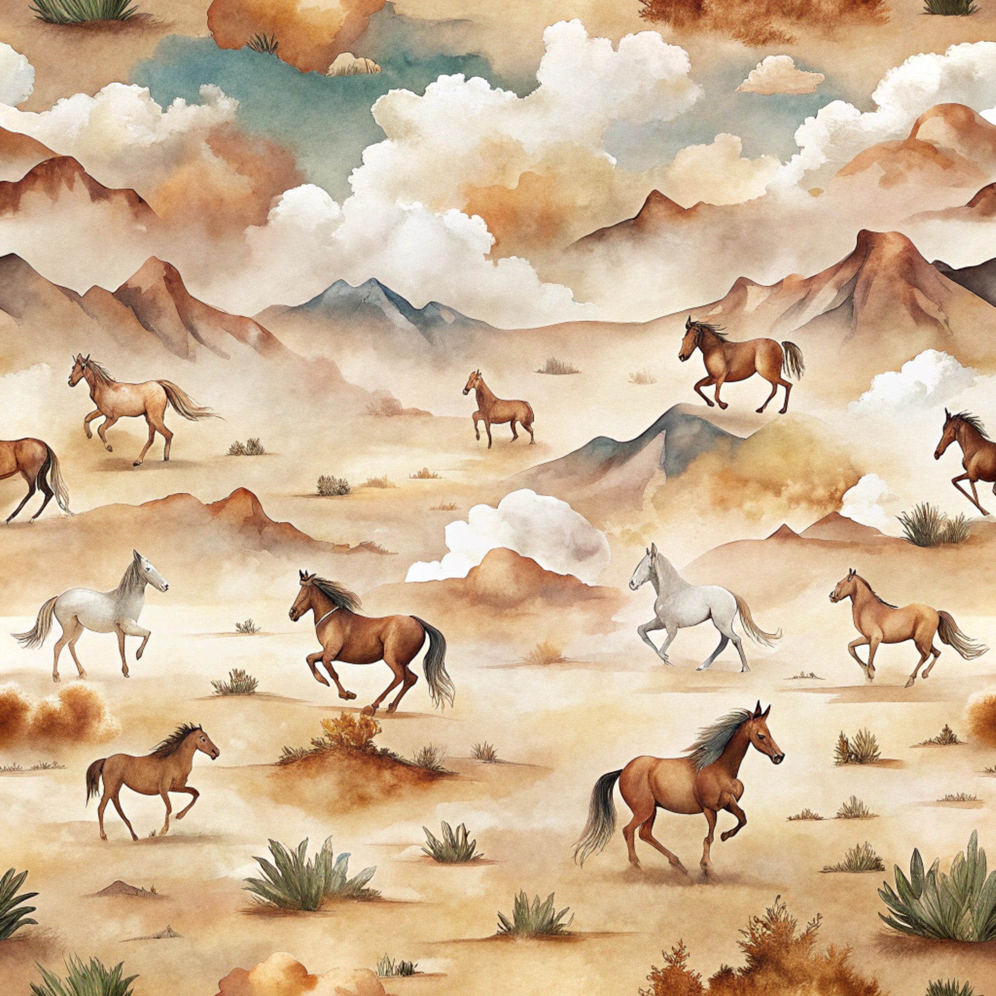 wild horses, galloping horses, desert landscape, southwestern scene, watercolor style, earth tones, brown horses, white horse, mountain backdrop, cloudy sky, sage brush, arid terrain, western theme, quilting cotton, fabric panel, horse pattern, dusty plains, natural colors, equestrian motif, rustic artwork
