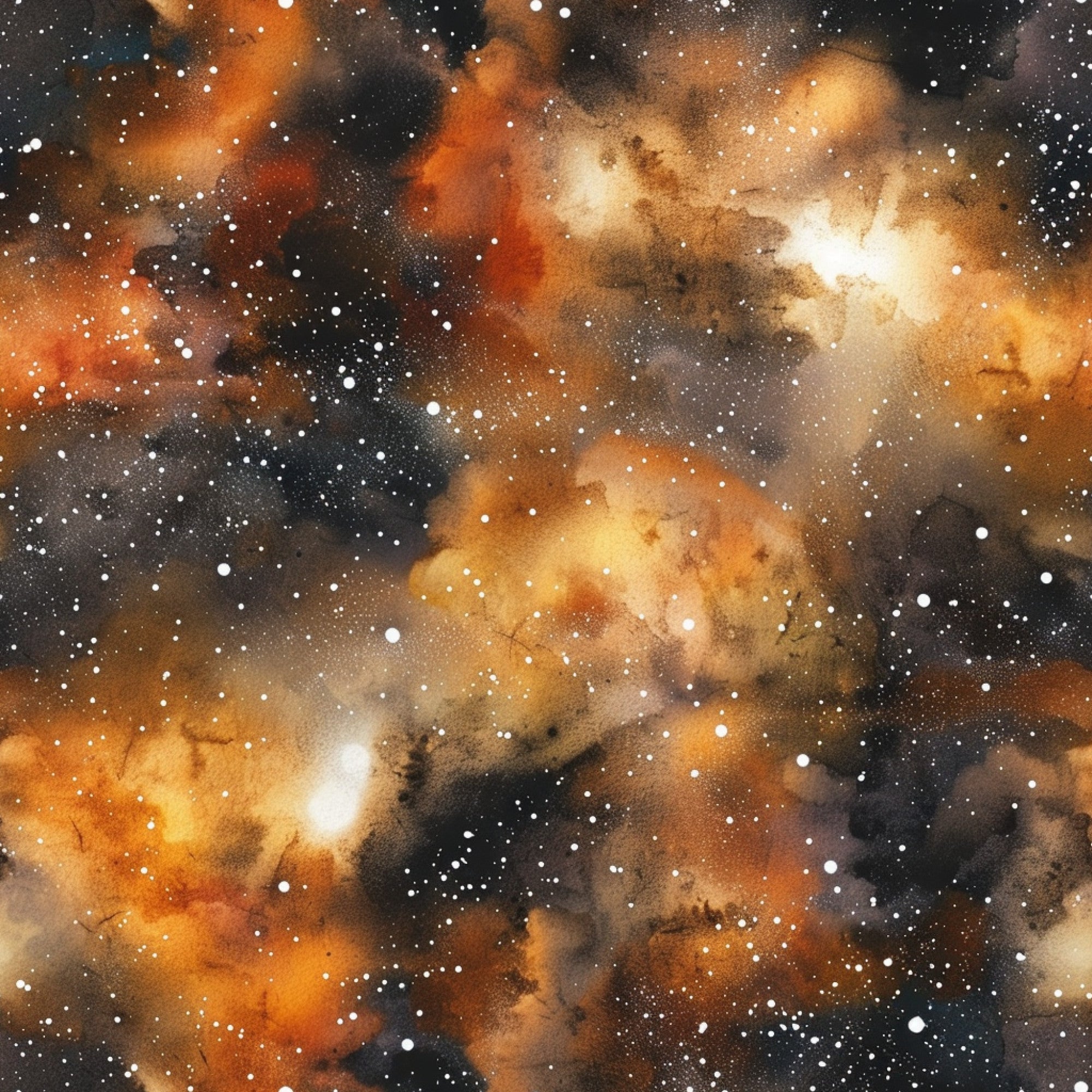 brown, orange, amber, golden, black, white, galaxy, nebula, stars, cosmic, space, painted, watercolor, celestial, night sky, astronomy,, fabric panel, dreamy, ethereal, swirling clouds, interstellar