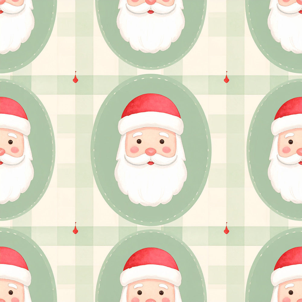 sage green, cream, red, white, santa claus, christmas, holiday, festive, jolly, whimsical, cute, cheerful, gingham check, checkered, children, kids, nursery, playroom, baby, toddler, seasonal, winter, december, st nicholas, bearded, santa faces, repeating pattern, traditional christmas, family friendly, gift worthy