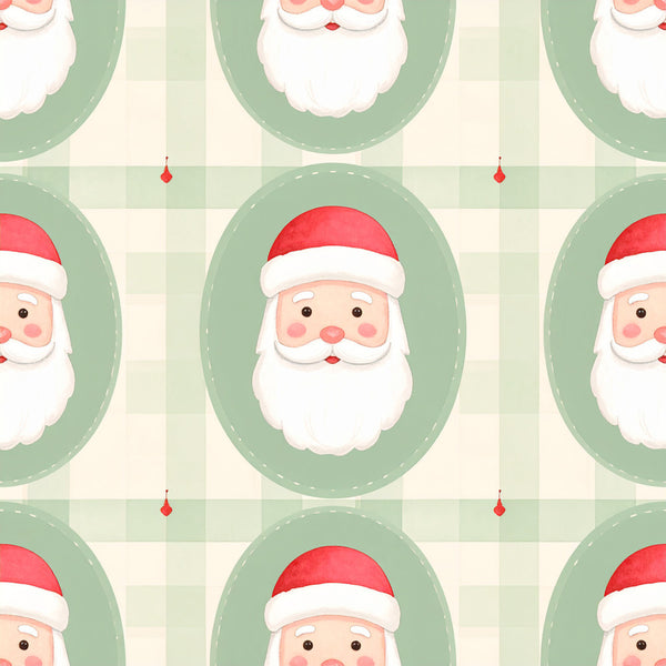 sage green, cream, red, white, santa claus, christmas, holiday, festive, jolly, whimsical, cute, cheerful, gingham check, checkered, children, kids, nursery, playroom, baby, toddler, seasonal, winter, december, st nicholas, bearded, santa faces, repeating pattern, traditional christmas, family friendly, gift worthy