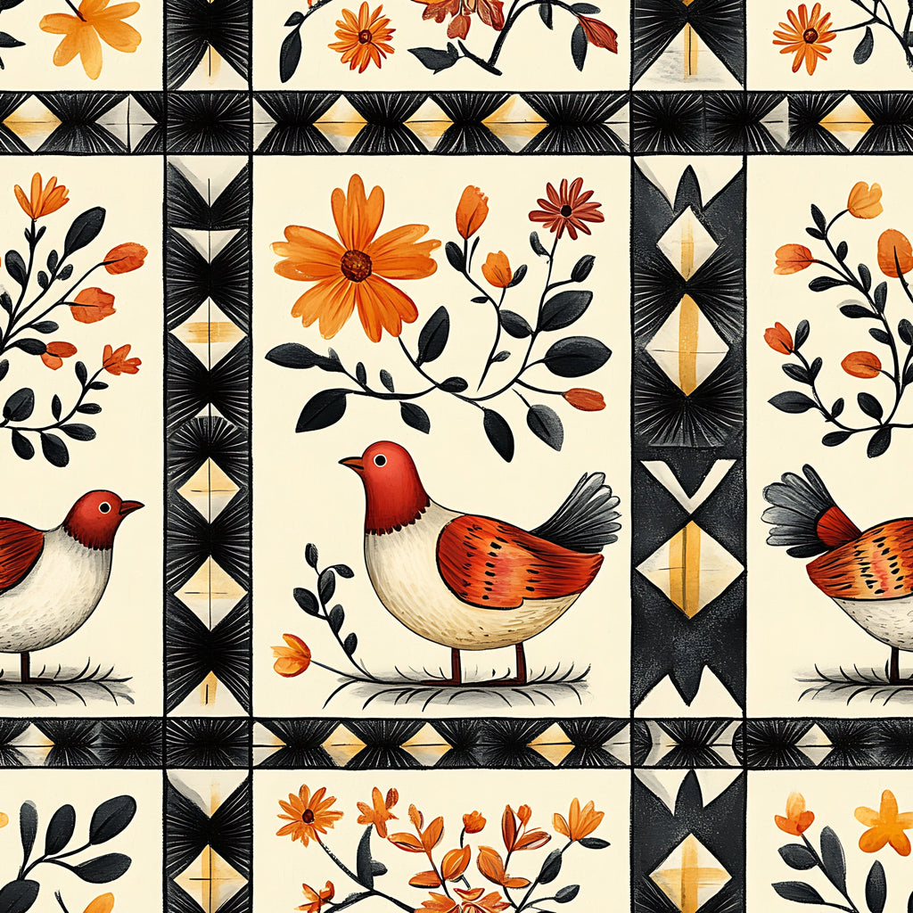 orange flowers, red birds, black geometric borders, cream background, floral motifs, bird illustrations,, fabric panel, autumn colors, botanical design, folk art style, decorative blocks, orange petals, red breasts, black leaves, diamond patterns, nature themed, warm palette, craft fabric, patchwork design