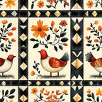 orange flowers, red birds, black geometric borders, cream background, floral motifs, bird illustrations,, fabric panel, autumn colors, botanical design, folk art style, decorative blocks, orange petals, red breasts, black leaves, diamond patterns, nature themed, warm palette, craft fabric, patchwork design
