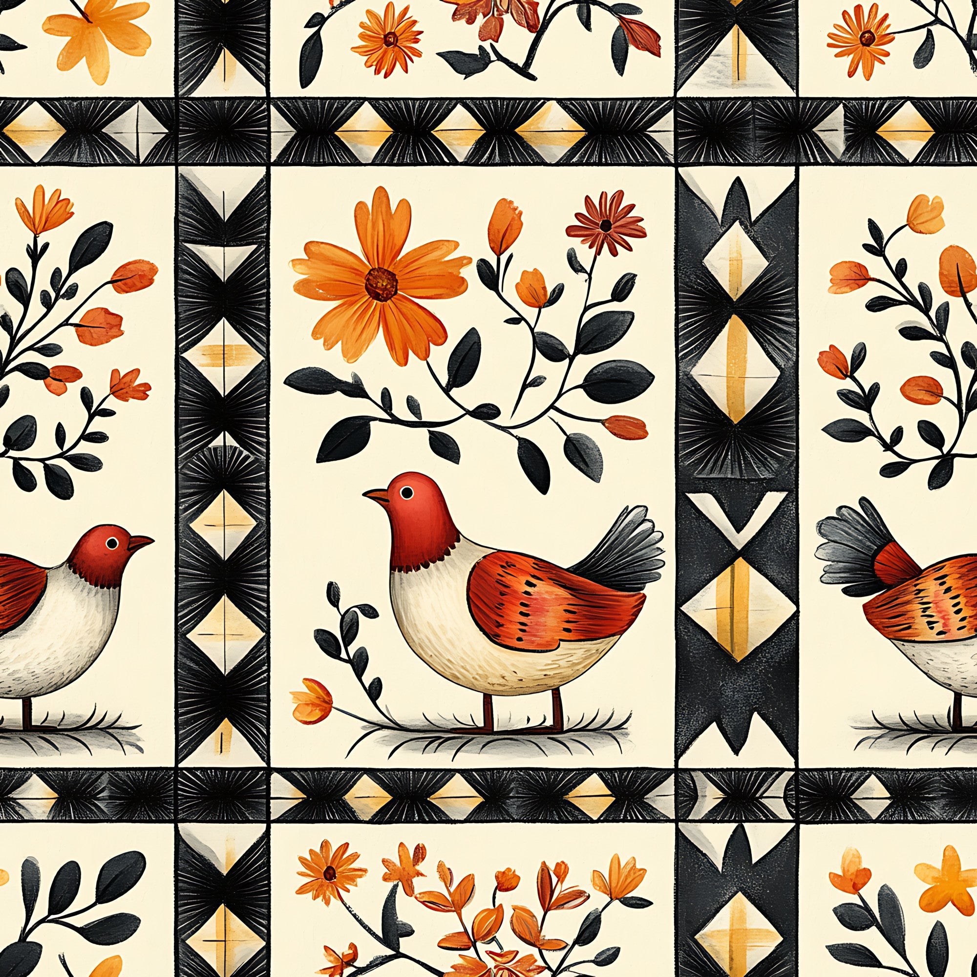 orange flowers, red birds, black geometric borders, cream background, floral motifs, bird illustrations,, fabric panel, autumn colors, botanical design, folk art style, decorative blocks, orange petals, red breasts, black leaves, diamond patterns, nature themed, warm palette, craft fabric, patchwork design