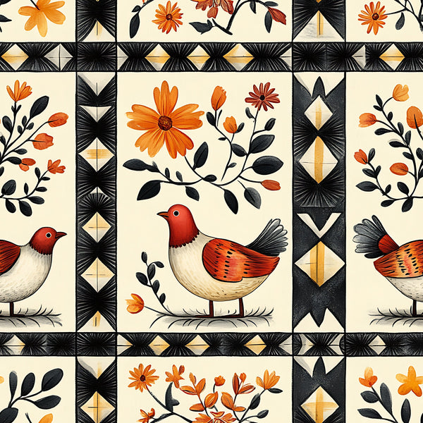 orange flowers, red birds, black geometric borders, cream background, floral motifs, bird illustrations,, fabric panel, autumn colors, botanical design, folk art style, decorative blocks, orange petals, red breasts, black leaves, diamond patterns, nature themed, warm palette, craft fabric, patchwork design