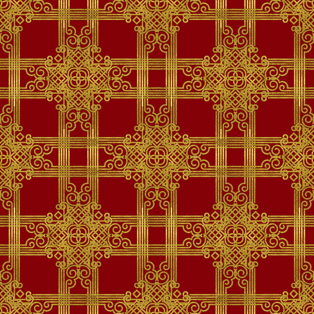 red, gold, christmas, ornate pattern, geometric design, intricate scrollwork, decorative motifs, festive, holiday fabric,, fabric panel, repeating pattern, elegant, luxurious, baroque style, winter themed, seasonal fabric, craft material, sewing fabric, medallion design