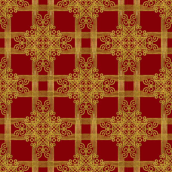 red, gold, christmas, ornate pattern, geometric design, intricate scrollwork, decorative motifs, festive, holiday fabric,, fabric panel, repeating pattern, elegant, luxurious, baroque style, winter themed, seasonal fabric, craft material, sewing fabric, medallion design