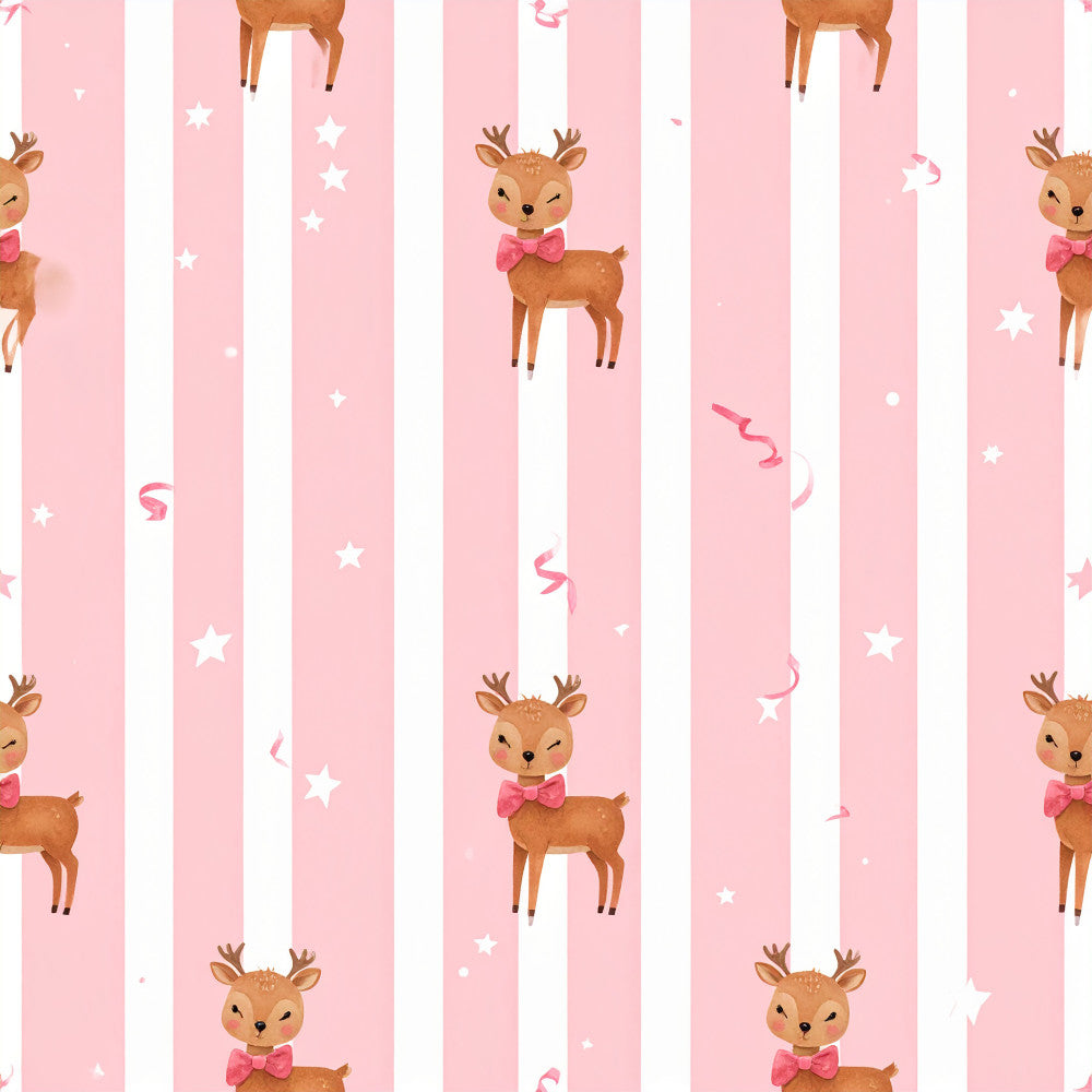 blush pink, white, coral pink, striped, deer, reindeer, stars, ribbons, bows, whimsical, cute, playful, festive, nursery, baby girl, kids room, children's, holiday, christmas, winter, feminine, sweet, magical, sparkly, decorated animals, woodland, doe, fawn