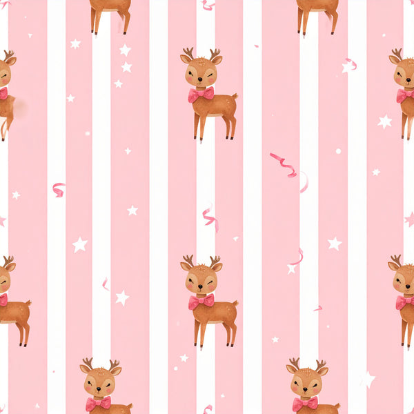 blush pink, white, coral pink, striped, deer, reindeer, stars, ribbons, bows, whimsical, cute, playful, festive, nursery, baby girl, kids room, children's, holiday, christmas, winter, feminine, sweet, magical, sparkly, decorated animals, woodland, doe, fawn