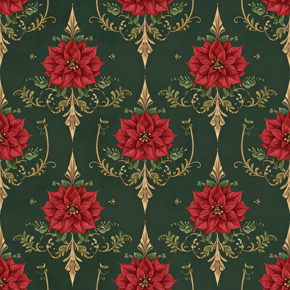 forest green, deep green, red, crimson red, gold, tan, poinsettia, floral, damask, botanical, holiday, christmas, festive, elegant, traditional, vintage, luxurious, ornate, decorative, poinsettia flowers, scrollwork, leaves, greenery, winter, seasonal, formal, classic, timeless, victorian